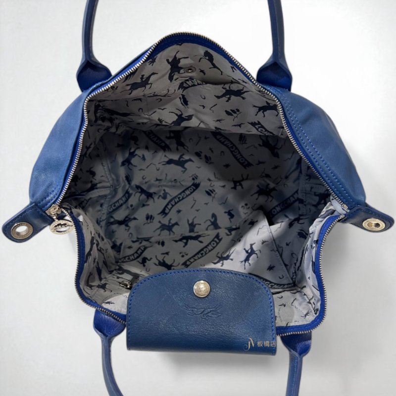 JY0366-Longchamp Le Pliage Cuir藍色小羊皮手提肩背包-5