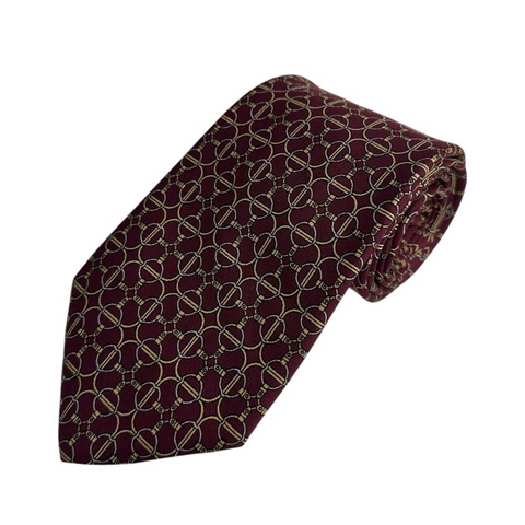 HERMES 酒紅色 馬銜鍊環圖騰 領帶 領結 絲綢（中古）