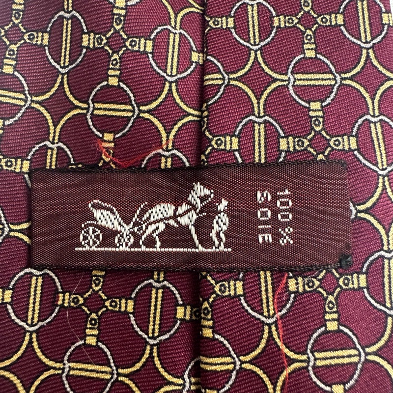 HERMES 酒紅色 馬銜鍊環圖騰 領帶 領結 絲綢（中古）-3