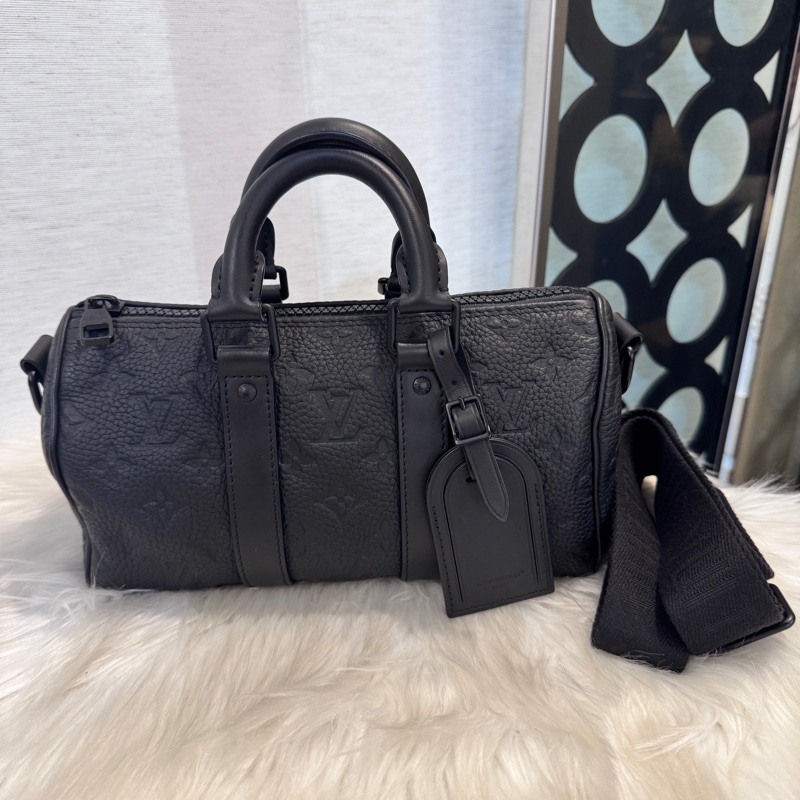 LV Keepall25 黑牛皮手提斜背波士頓包 晶片款-0