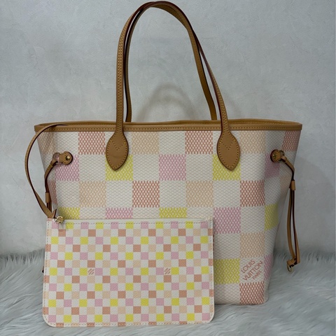 LV N40668 Neverfull MM 白色格紋 托特購物包 肩背包