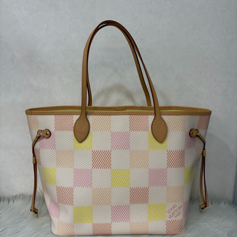 LV N40668 Neverfull MM 白色格紋 托特購物包 肩背包-1