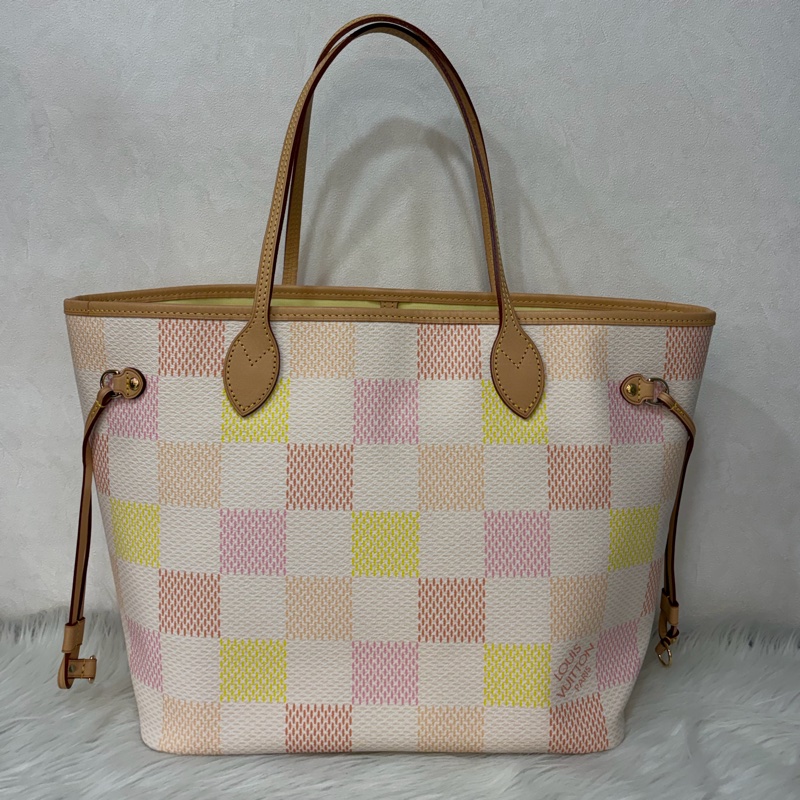 LV N40668 Neverfull MM 白色格紋 托特購物包 肩背包-3