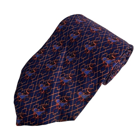 YSL 藍橘色幾何圖形馬球圖案領帶 領結 絲綢（中古）