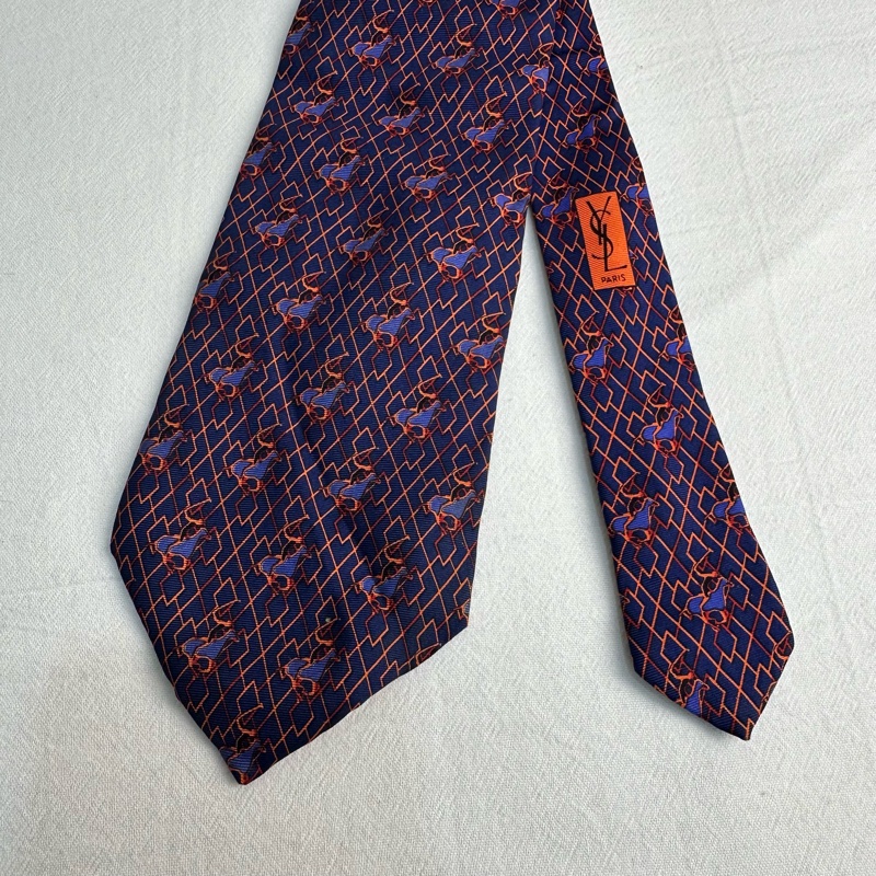 YSL 藍橘色幾何圖形馬球圖案領帶 領結 絲綢（中古）-1