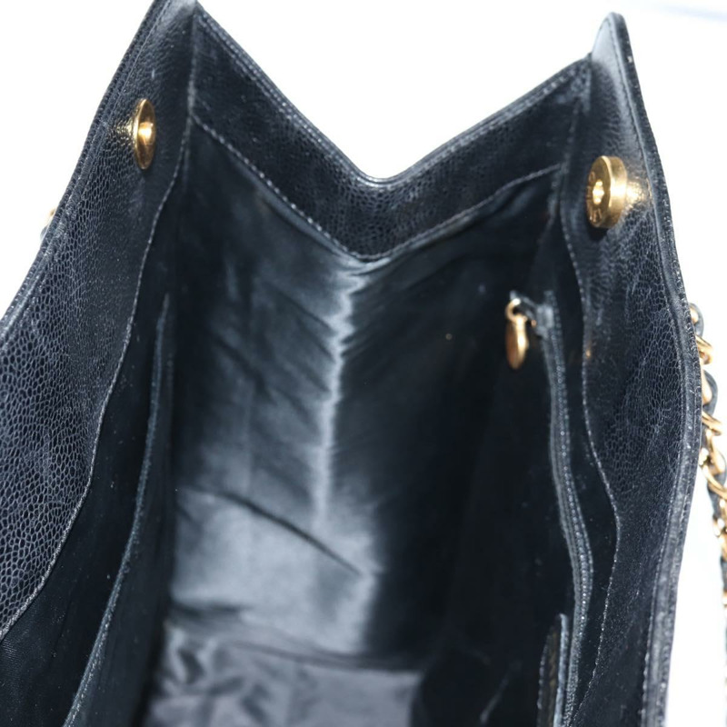 【日本直送】香奈兒魚子醬皮黑色金CC鏈條手提包 Auth 138564V-19