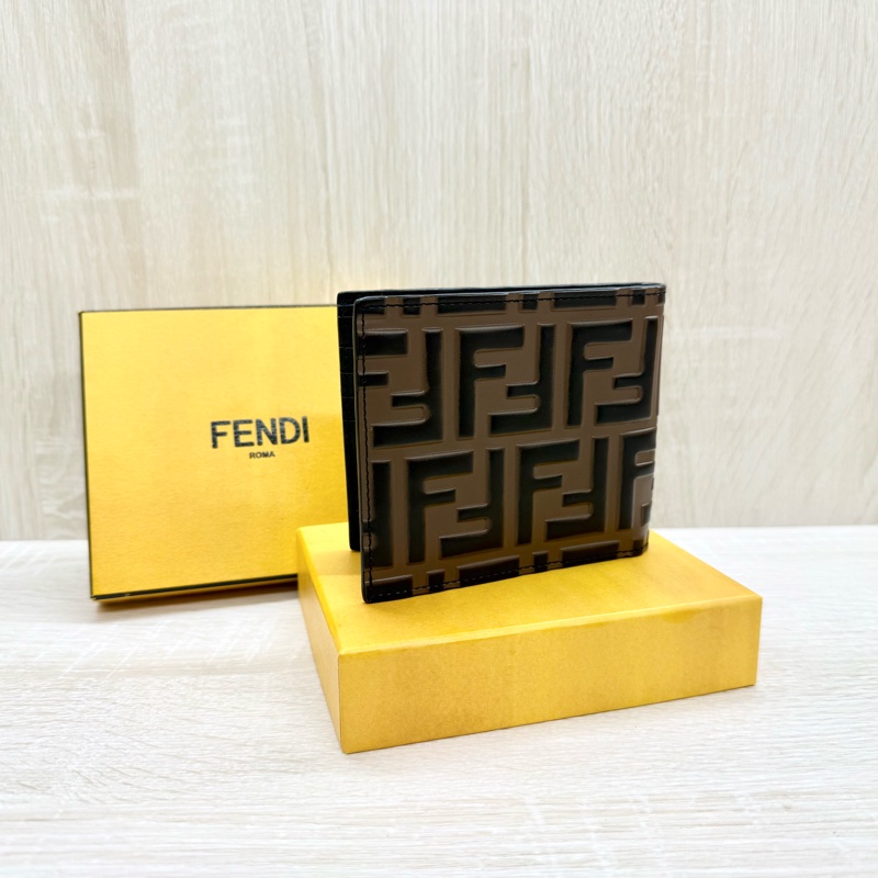 FENDI棕色牛皮拚黑色浮雕雙F對開短夾7M0169-1