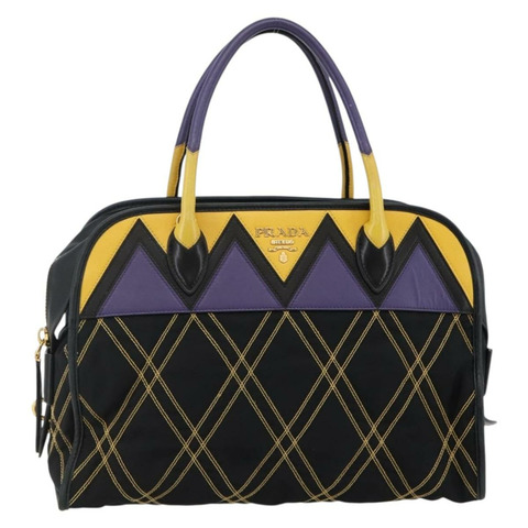 PRADA 尼龍皮革黑色金色手提包 正品 128923V