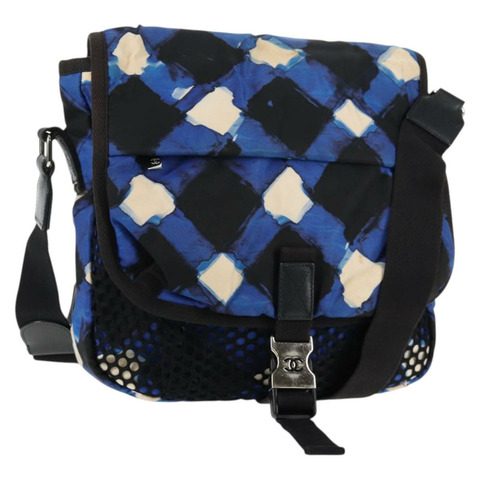 香奈兒尼龍單背包，藍黑銀雙C標誌，正品編號141222V