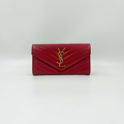 YSL紅色金釦粒紋牛皮山形紋下蓋長夾