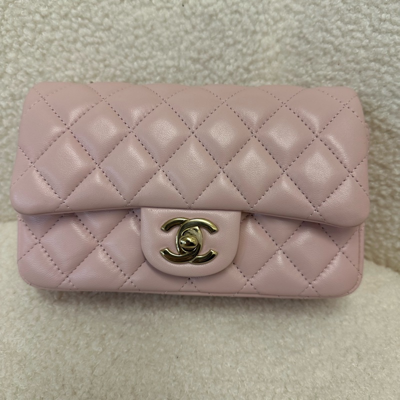 CHANEL香奈兒 24K 皮穿鏈 品牌徽標Logo 菱格紋縫線 羊皮材質 金色五金 單肩包 迷你 女款 淡粉色-7