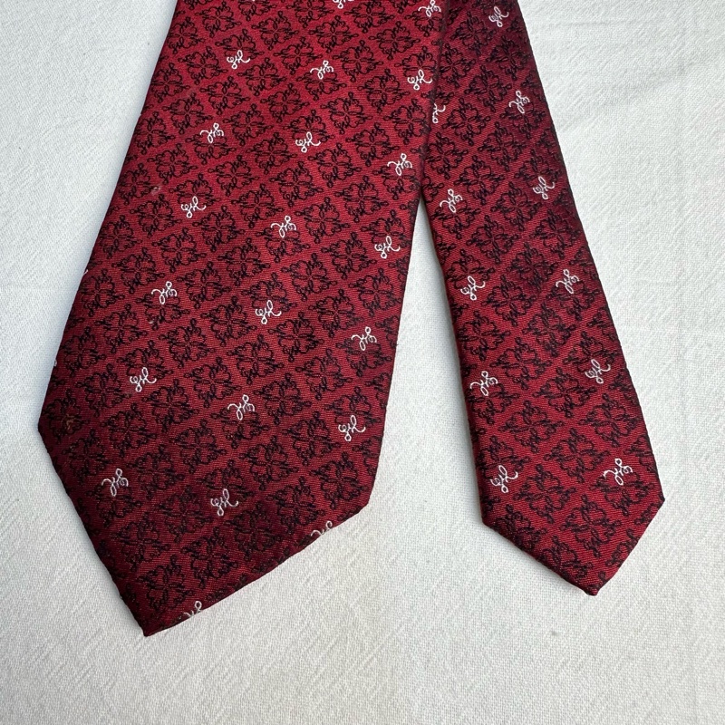 YSL Saint Laurent紅色復古印花領帶 領結 絲綢（中古）-1