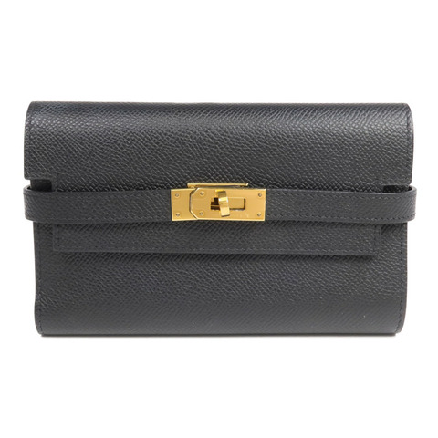 HERMES Epsom皮革Kelly Compact Wallet金扣錢包Noir