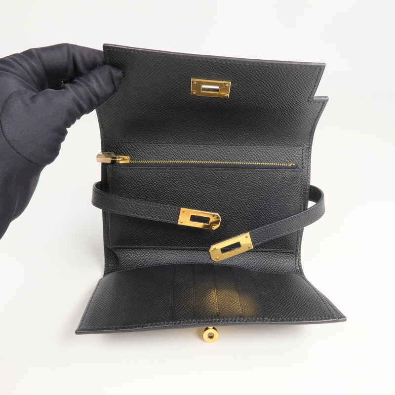 HERMES Epsom皮革Kelly Compact Wallet金扣錢包Noir-11
