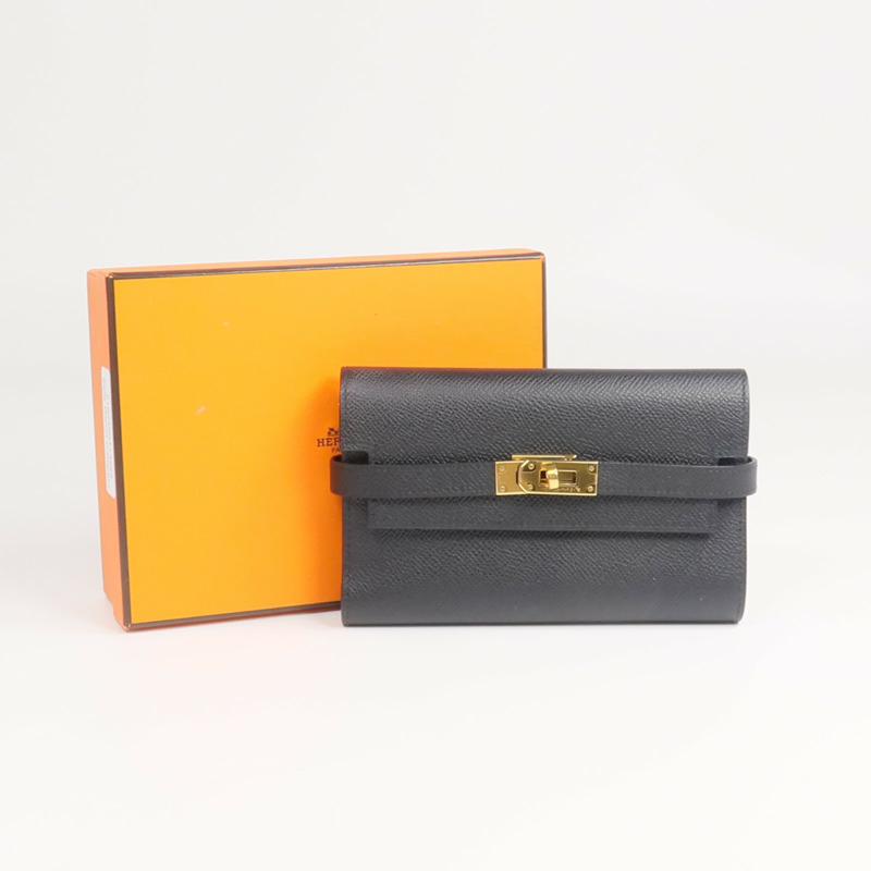 HERMES Epsom皮革Kelly Compact Wallet金扣錢包Noir-15