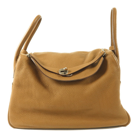 HERMES Clemence皮革Lindy 34銀扣手挽肩背兩用袋Tabac Camel