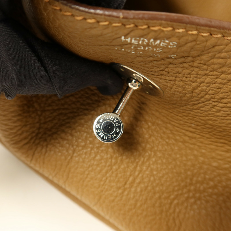 HERMES Clemence皮革Lindy 34銀扣手挽肩背兩用袋Tabac Camel-10
