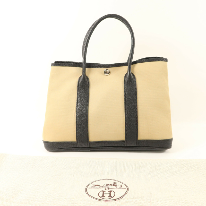 HERMES Negonda皮革/帆布Garden Party TPM銀扣手挽袋Trench/Noir-9
