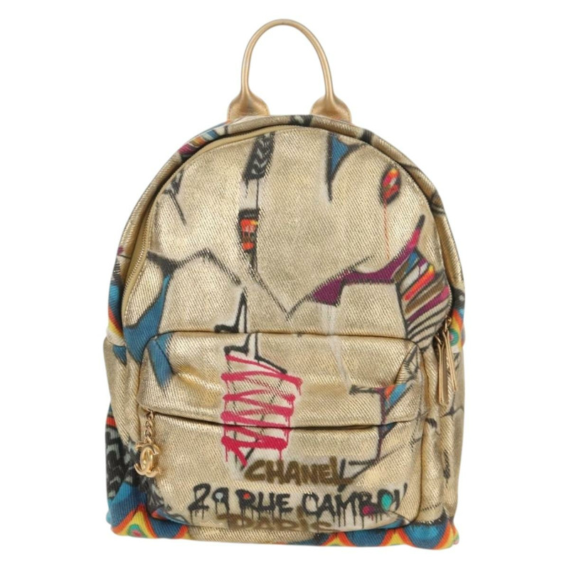 【日本直送】香奈兒塗鴉帆布雙肩包，金色雙C標誌，貨號148460SAM-12