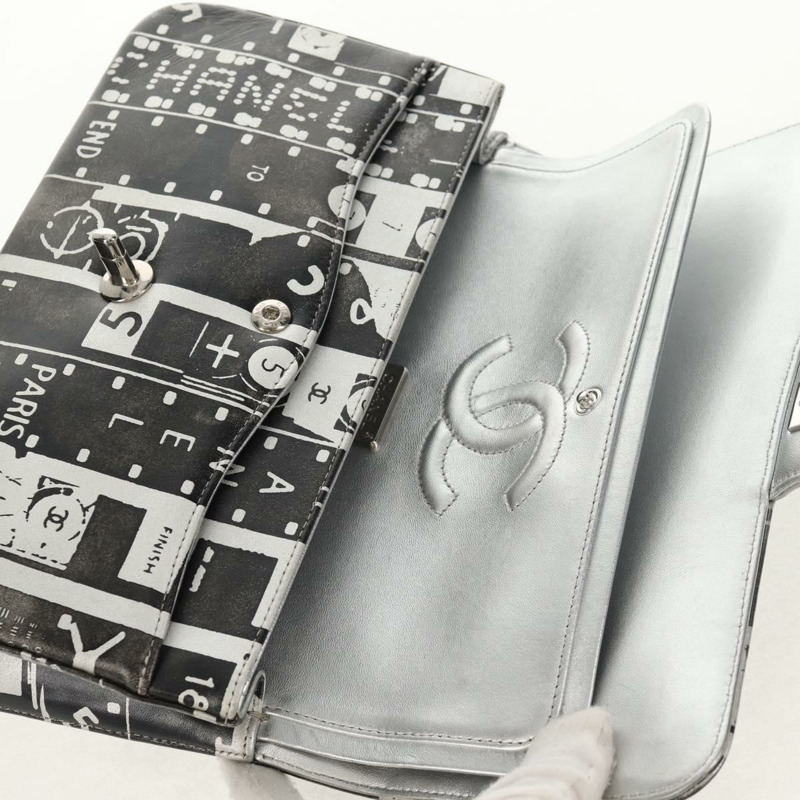 【日本直送】香奈兒雙蓋鏈條肩背包，銀色皮革，CC標誌，正品編號148462SAM-23