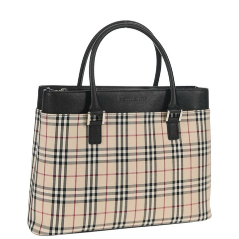 BURBERRY Nova 格紋手提包 帆布 米色 銀色 正品 am9603V