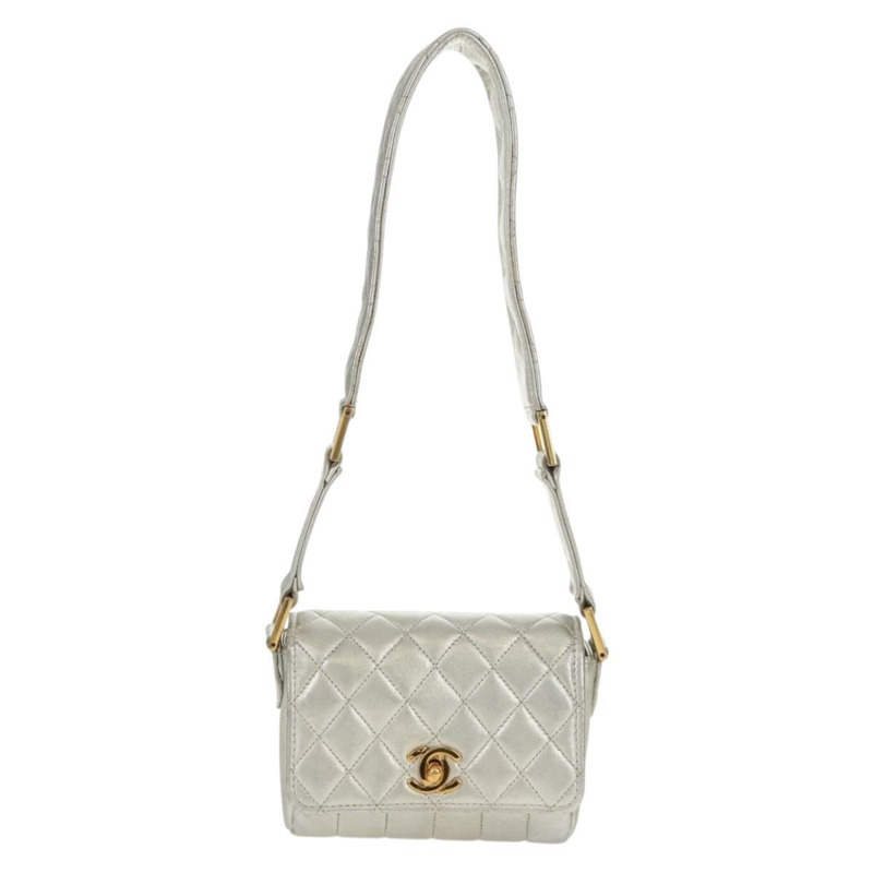 【日本直送】香奈兒 (CHANEL) 絎縫單肩包 皮革 銀色 金色 CC 標誌 正品 152450SAV-12