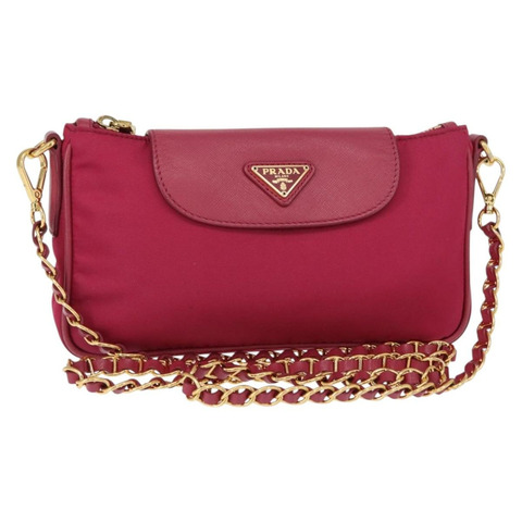 PRADA 鏈條單肩包 尼龍皮革 粉紅色 金色裝飾 正品 ka140