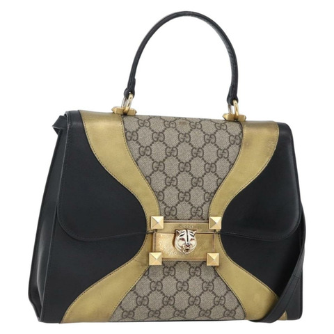 GUCCI GG Supreme 貓頭手提包 PVC 兩用 米色 金色 476435 正品 153975