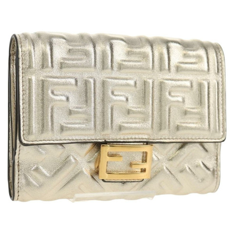 FENDI Zucca 帆布皮夾 皮革金 Auth 154304M