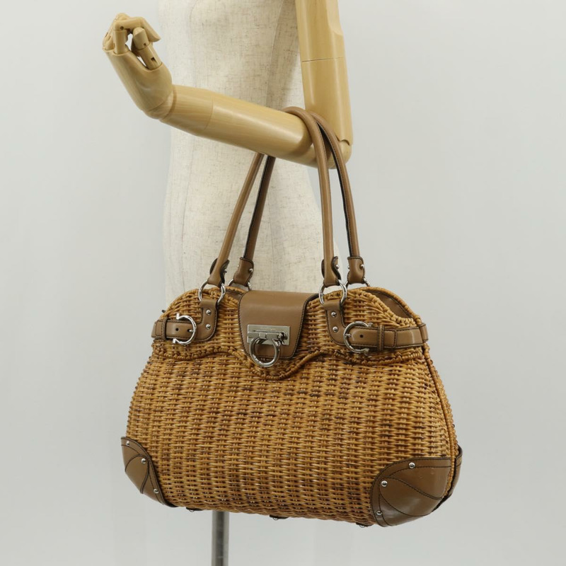 【日本直送】Salvatore Ferragamo Gancini 手提包 藤編 米色 銀色 正品 154690V-28