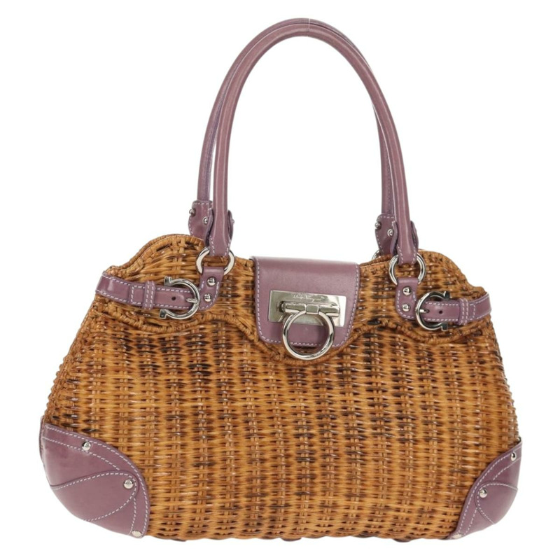 【日本直送】Salvatore Ferragamo Gancini 手提包 藤編 米色 銀色 正品 154682V-0