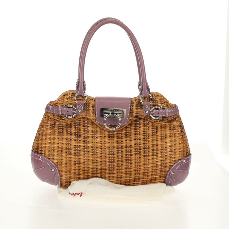 【日本直送】Salvatore Ferragamo Gancini 手提包 藤編 米色 銀色 正品 154682V-11