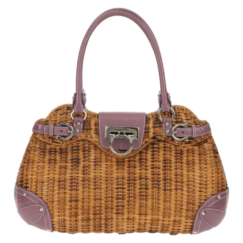 【日本直送】Salvatore Ferragamo Gancini 手提包 藤編 米色 銀色 正品 154682V-12