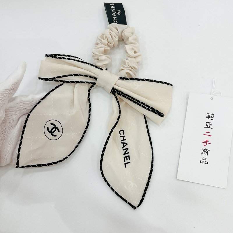 莉亞精品♡CHANEL 蝴蝶結髮圈 白色 二手-4