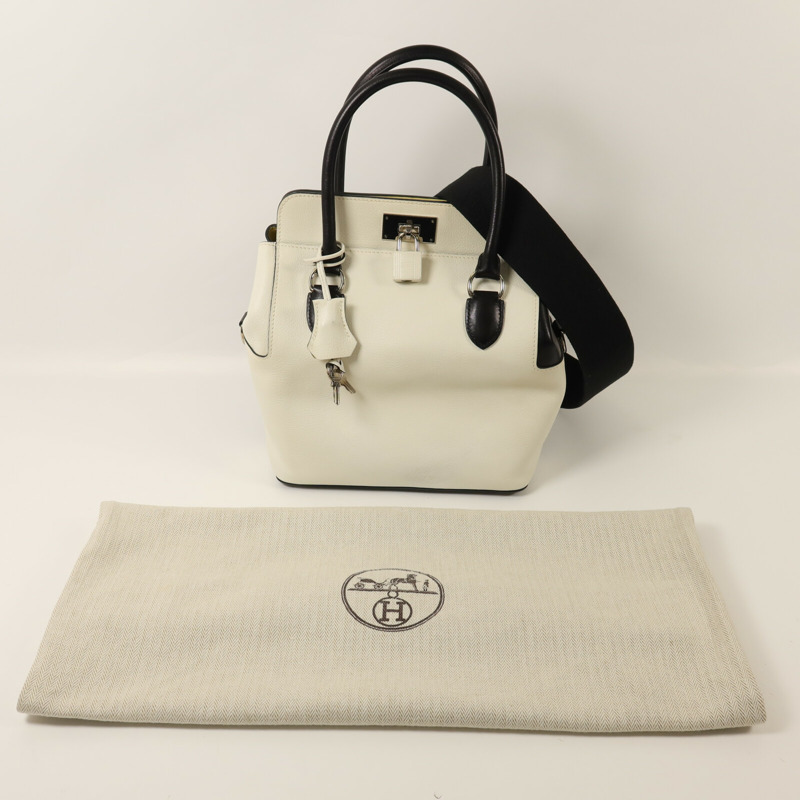 HERMES Evercolor皮革ToolBox 20銀扣手挽肩背兩用袋White/Noir-8