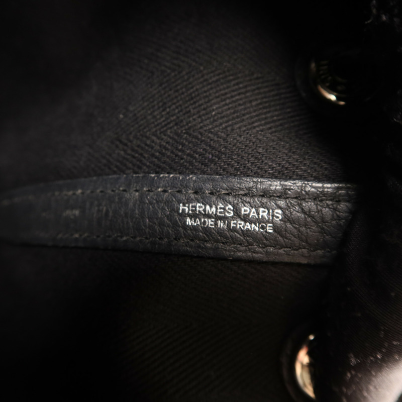 HERMES 帆布/Negonda皮革Garden Party TPM銀扣手挽袋Noir/Blue Indigo-5