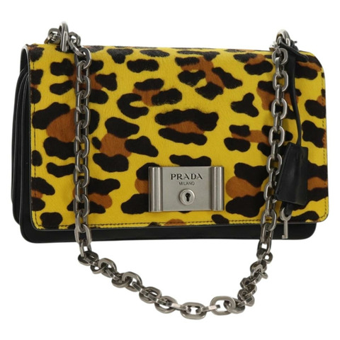 PRADA 尼龍鏈條單肩包 黃色 銀色 正品 ka595V