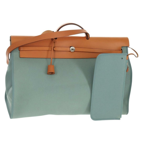 愛馬仕 Her 拉鍊 GM 手袋 帆布皮革 藍色 銀色 正品 BA8733SAM