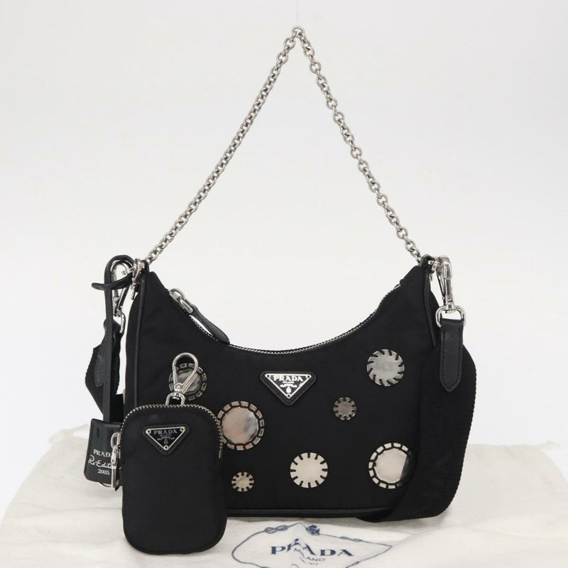 【日本直送】PRADA 2005 復刻版單肩包，尼龍材質，黑色/銀色，1BH204，正品編號：157130SAM-11