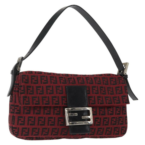 FENDI Zucchino帆布Mamma Baguette單肩包 紅色銀色 正品 151195SAM