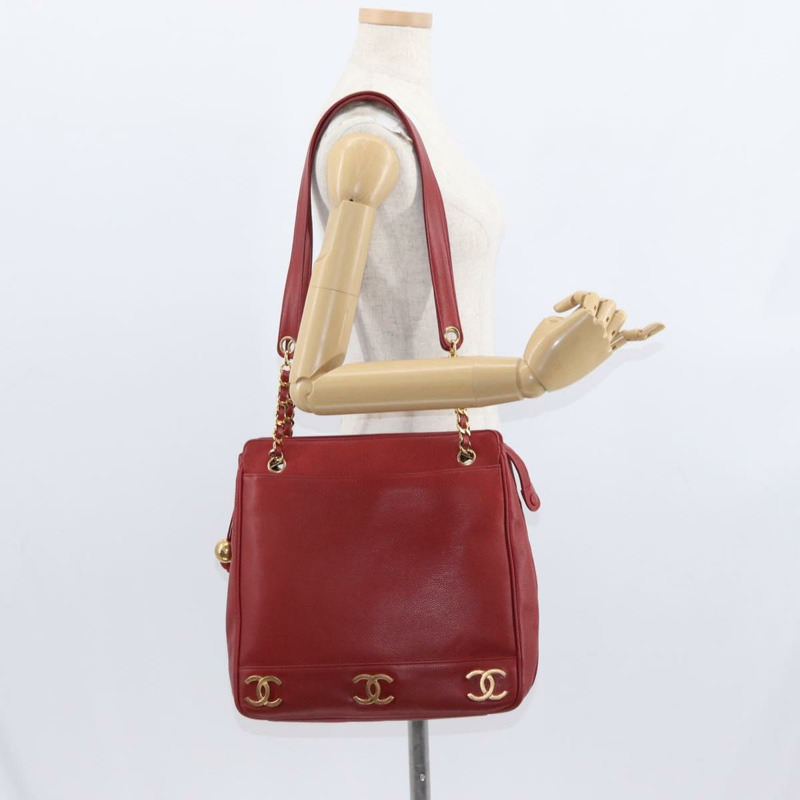 【日本直送】香奈兒魚子醬皮紅金色雙C標誌手提包 正品 BA8976-23