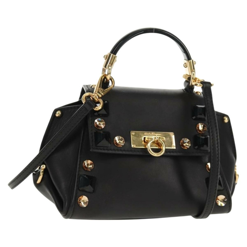 【日本直送】Salvatore Ferragamo Gancini 迷你手提包 皮革 2way 黑色 金色 Auth 157313V-0