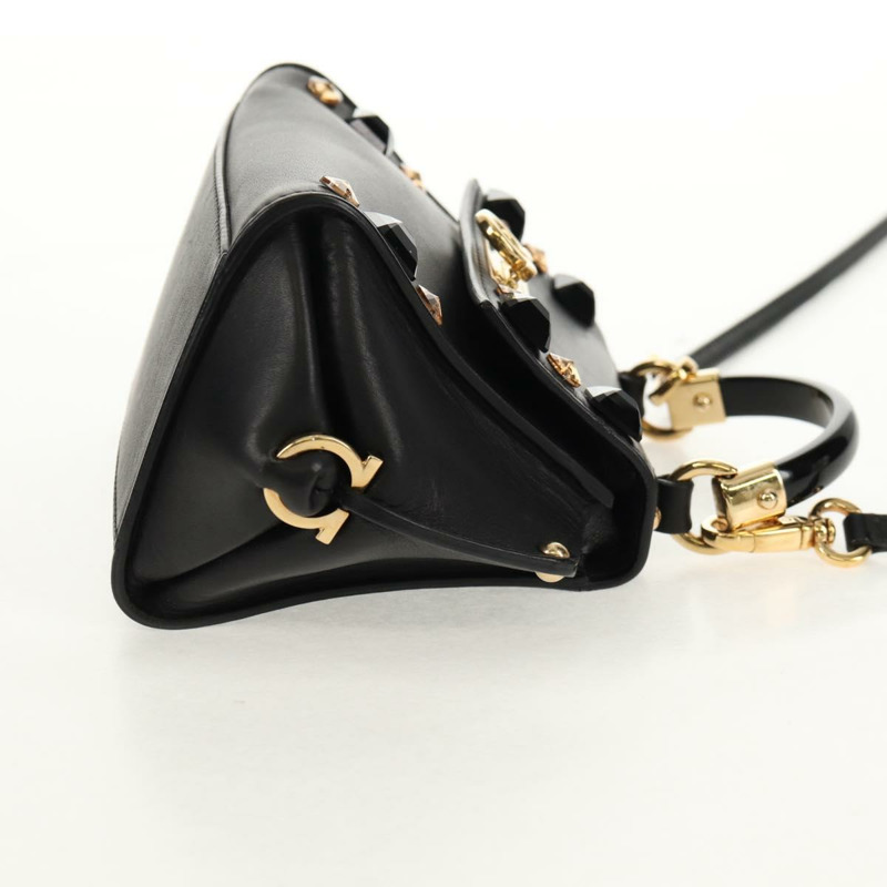 【日本直送】Salvatore Ferragamo Gancini 迷你手提包 皮革 2way 黑色 金色 Auth 157313V-3