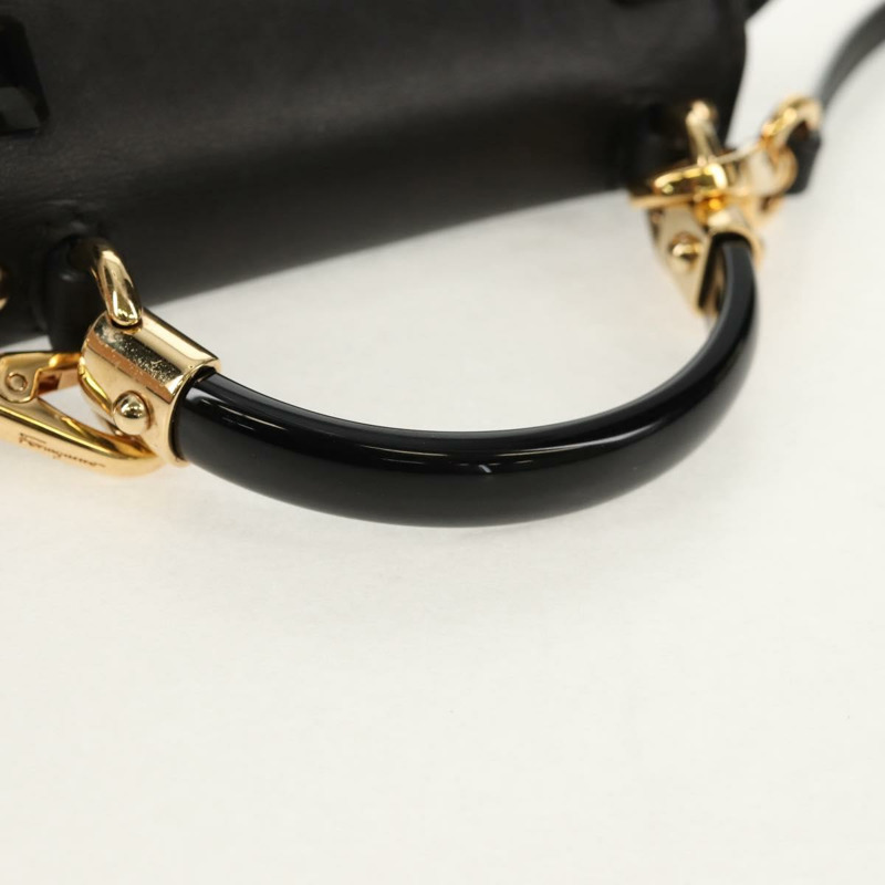 【日本直送】Salvatore Ferragamo Gancini 迷你手提包 皮革 2way 黑色 金色 Auth 157313V-6