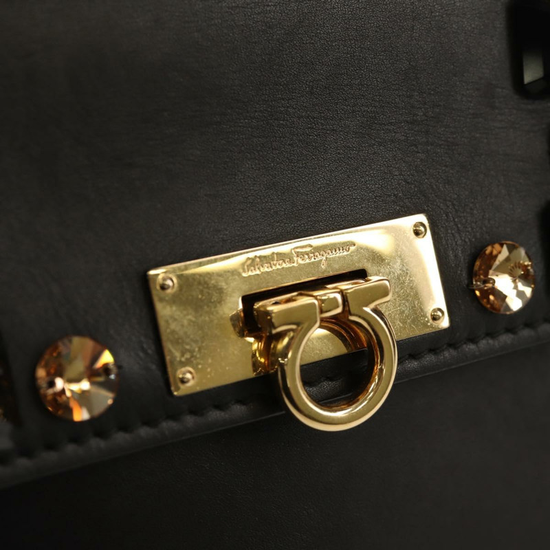 【日本直送】Salvatore Ferragamo Gancini 迷你手提包 皮革 2way 黑色 金色 Auth 157313V-20