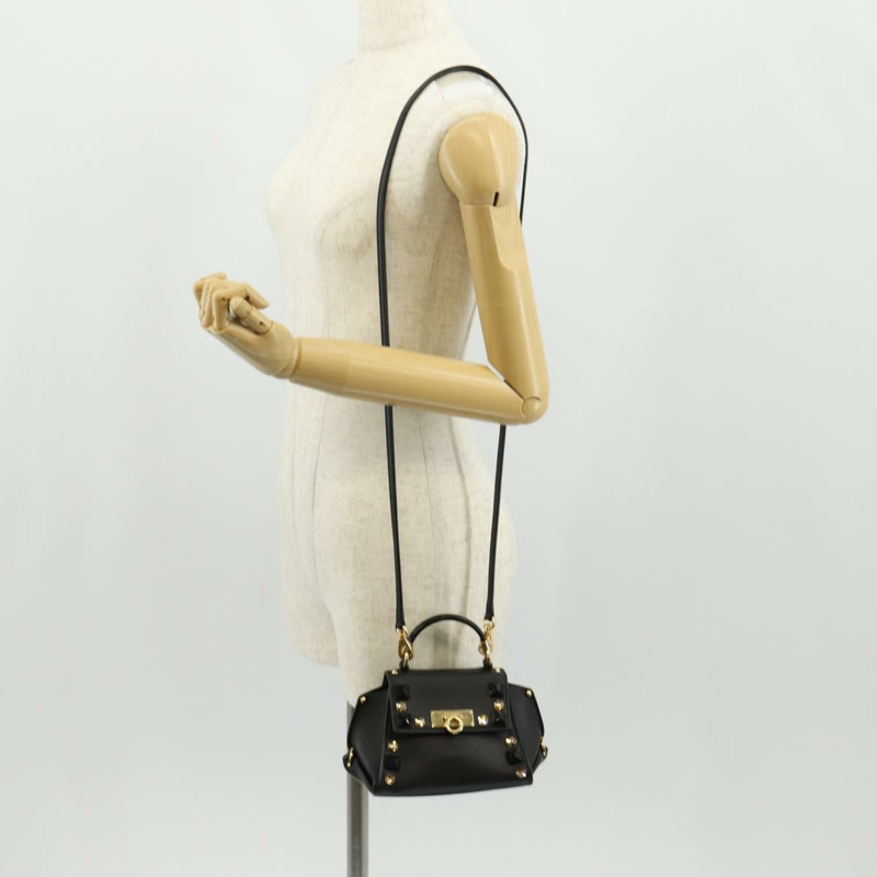 【日本直送】Salvatore Ferragamo Gancini 迷你手提包 皮革 2way 黑色 金色 Auth 157313V-25