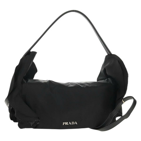 PRADA 荷葉邊手提包 尼龍 2way 銀黑 Auth am10099V