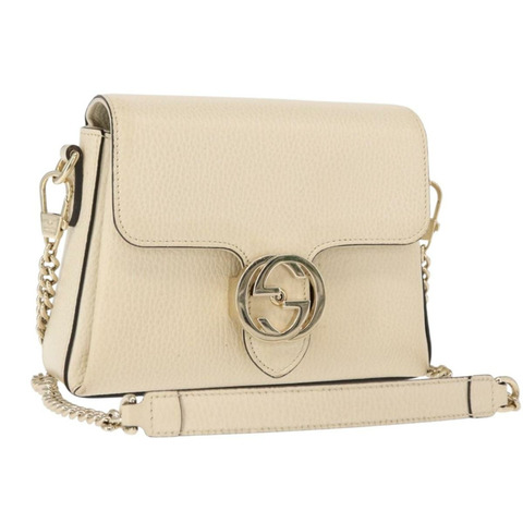 GUCCI 鏈條單肩包 皮革 米色 金色 607720 正品 ka909