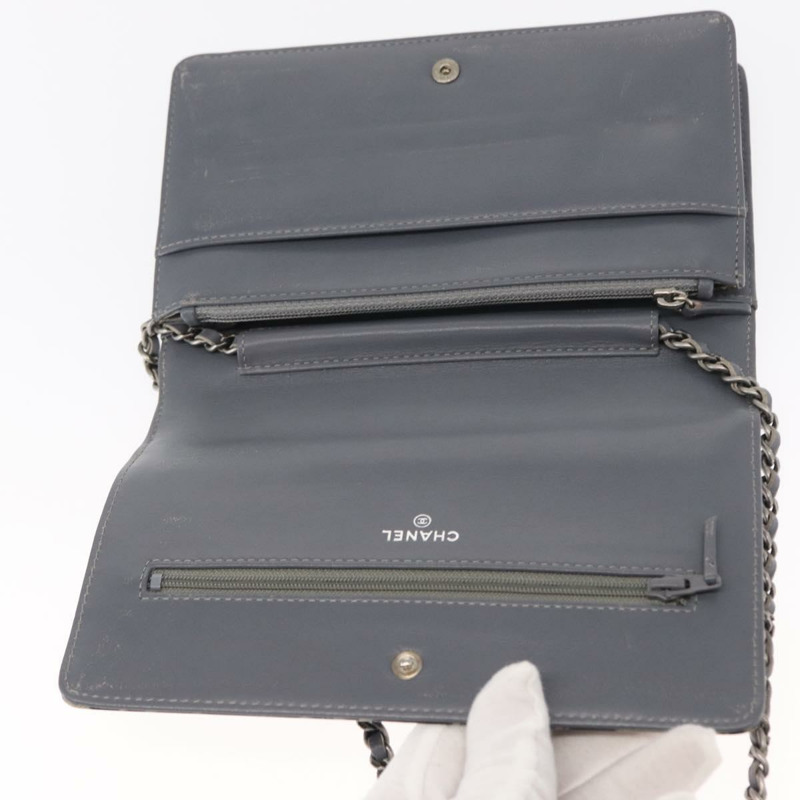 【日本直送】香奈兒山茶花 COCO 標誌鏈條錢包，漆皮材質，灰色，銀色，CC 標誌，正品編號 159748-8