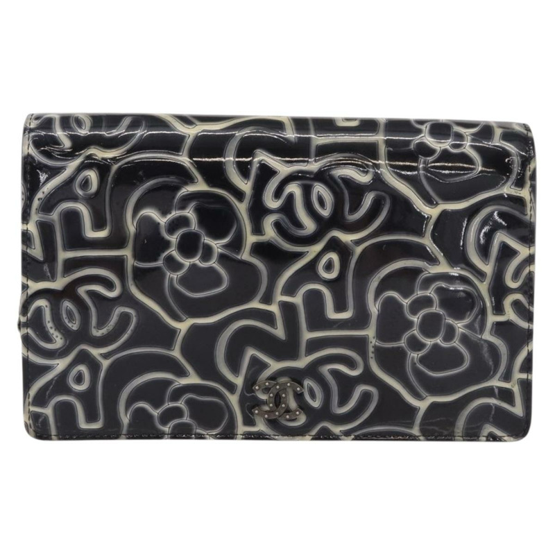 【日本直送】香奈兒山茶花 COCO 標誌鏈條錢包，漆皮材質，灰色，銀色，CC 標誌，正品編號 159748-12